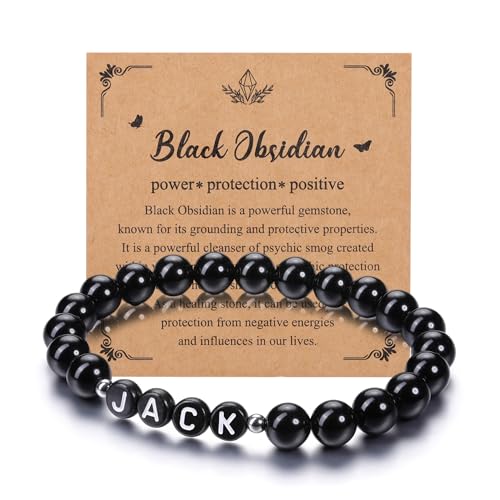 JSDDE Armband mit Buchstabe Perlenarmband mit Name Initiale A-Z Partnerarmband Freundschaftsarmband Geschenk für Freunde Freundin Frauen Männer (Schwarze Buchstabe-Obsidian) von JSDDE