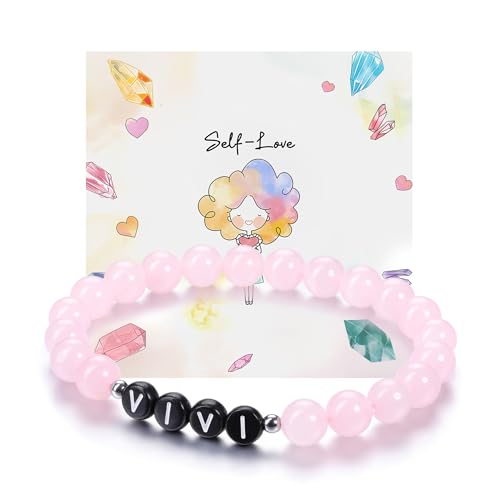 JSDDE Armband mit Buchstabe Perlenarmband mit Name Initiale A-Z Partnerarmband Freundschaftsarmband Geschenk für Freunde Freundin Frauen Männer (Schwarze Buchstabe-Rosenquarz) von JSDDE