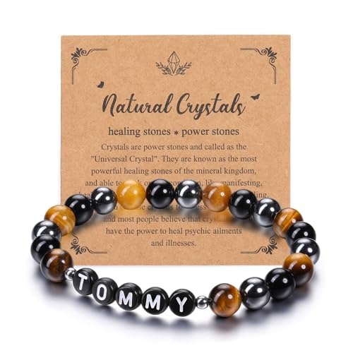 JSDDE Armband mit Buchstabe Perlenarmband mit Name Initiale A-Z Partnerarmband Freundschaftsarmband Geschenk für Freunde Freundin Frauen Männer (Schwarze Buchstabe-Tigerauge+Obsidian+Hamätit) von JSDDE