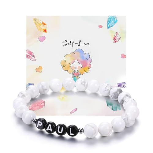 JSDDE Armband mit Buchstabe Perlenarmband mit Name Initiale A-Z Partnerarmband Freundschaftsarmband Geschenk für Freunde Freundin Frauen Männer (Schwarze Buchstabe-Weißer Howlite) von JSDDE