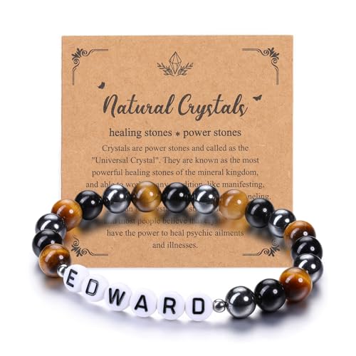 JSDDE Armband mit Buchstabe Perlenarmband mit Name Initiale A-Z Partnerarmband Freundschaftsarmband Geschenk für Freunde Freundin Frauen Männer (Weiß Buchstabe-Tigerauge+Obsidian+Hamätit) von JSDDE