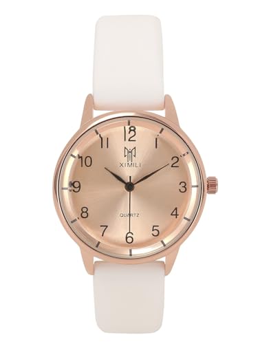 JSDDE Armbanduhr für Damen, analog, Quarz, mit Zifferblatt und Roségold, 3 Zeiger, Damenuhren, Armband aus Silikon für Frauen und Mädchen, weiß von JSDDE