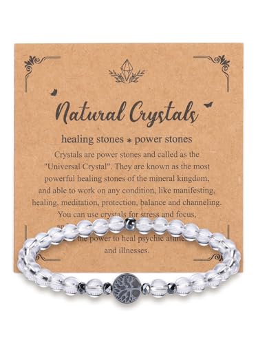 JSDDE Bergkristall Armband mit Hämatit Lebensbaum Anhänger Heilstein Perlenarmband Glücksarmband Energietherapie Armband Spiritueller Talisman Glückbringer Schmuck für Damen Herren von JSDDE