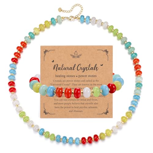 JSDDE Bunte Perlenkette mit Bunte Armband Set Heilsteine Kette Natürliche Edelstein Armband Damen Kette Amulett Spirituelle Geschenk (Stil 2) von JSDDE