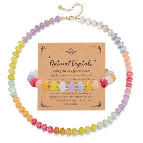 JSDDE Bunte Perlenkette mit Bunte Armband Set Heilsteine Kette Natürliche Edelstein Armband Damen Kette Amulett Spirituelle Geschenk (Stil 3) von JSDDE