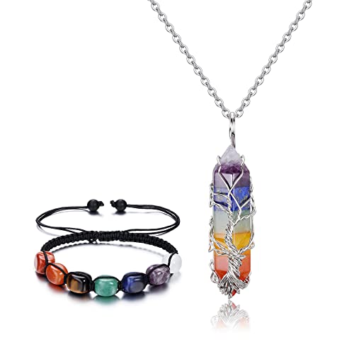 JSDDE Chakra Anhänger Halskette mit Chakra Armband Schmuckset Heilsteine Kette Lebensbaum Wicklung Sechseckige Säule Anhänger Kette Amulett Anhänger Reiki Glücksbringer Schmuck von JSDDE