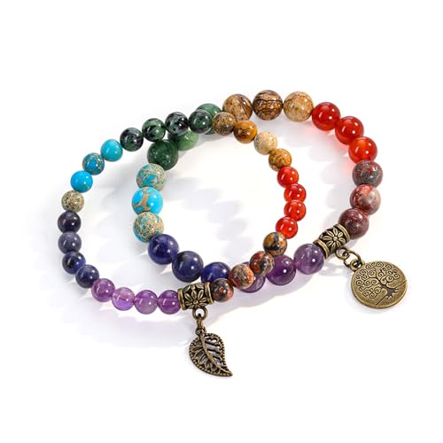 JSDDE Chakra Armband aus Echten Heilsteinen, Mehrschichtiges Wickelarmband Set Mit Lebensbaum Anhänger für Damen, Frauen, Schwester (Chakra) von JSDDE