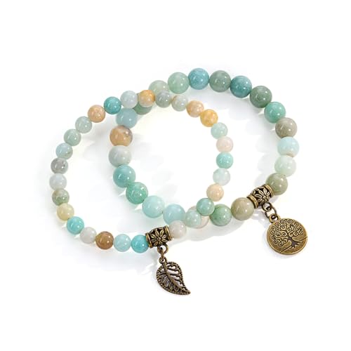 JSDDE Chakra Armband aus Echten Steinen, Heilsteine Edelsteine, Wickelarmband Mehrschichtiges Set, Damen Schmuck Mit Lebensbaum Anhänger, für Frauen Schwester (Amazonit) von JSDDE