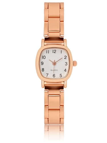 JSDDE Armbanduhr für Damen mit Armband aus Edelstahl, kleine analoge Quarzuhr mit quadratischem Zifferblatt, arabische Zahlen, leicht zu lesen, einfache Armbanduhr, wasserdicht, Roségold, für Mädchen von JSDDE