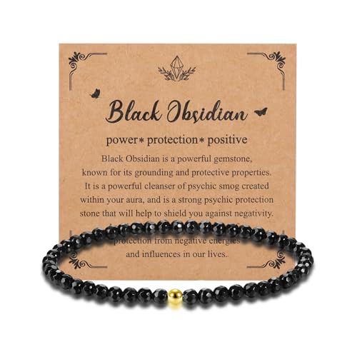 JSDDE Damen Perlenarmband Edelstein Obsidian Armband Echte Steine Stretch-Armband Kristallarmband Glücksarmband Amulett Spirituelle Talisman Schmuck für Damen Frauen von JSDDE