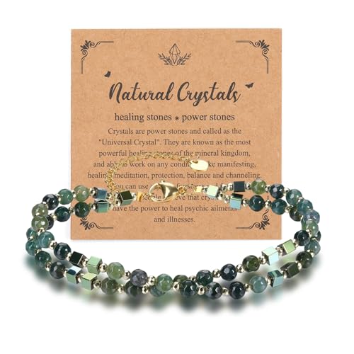 JSDDE Damen Perlenarmband Edelsteine Armband Heilsteine Doppellagiges Armband Glücksbringer spirituellen Schmuck für Damen Frauen (Moss Achat) von JSDDE