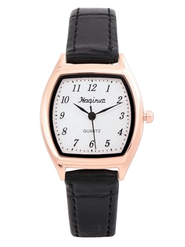 JSDDE Easy Reader Arabische Ziffern Analog Quarz Uhr PU Leder Band Armbanduhr für Frauen Damen Mädchen, Schwarz von JSDDE