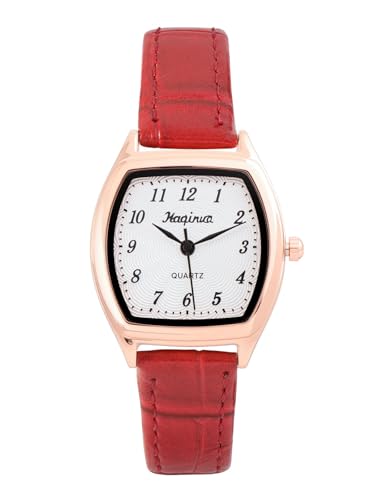 JSDDE Easy Reader Arabische Ziffern Analog Quarz Uhr PU Leder Band Armbanduhr für Frauen Damen Mädchen, rot von JSDDE