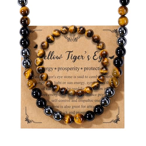 JSDDE Herren Perlenkette mit Armband Set Tigerauge Obsidian Hämatit Kette Natürliche Edelstein Heilsteine Kette Tigerauge Armband Damen Männer Kette Amulett Spirituelle Geschenk von JSDDE