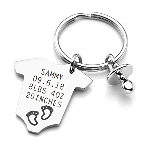 JSDDE Gratis Gravur, Personalized Edelstahl Schlüsselanhänger Schnuller Overall Schlüsselring Schlüsselbund Schmuck Baby Taufe Geburt Vollmond Mutter Vater Geschenk(Silber) von JSDDE