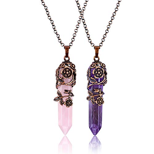 JSDDE Heilsteine Kette Edelstein Hexagon Säulen Anhänger Halskette Pärchen Kette Partnerkette Freundschaftskette Amulett Glücksbringer Schmuck für Damen Herren (Amethyst+Rosenquarz) von JSDDE