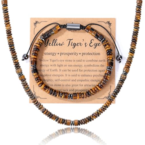 JSDDE Herren Perlenkette mit Armband Set Tigerauge Hämatit Kette Natürliche Edelstein Heilsteine Kette Tigerauge Armband Damen Männer Kette Amulett Spirituelle Geschenk von JSDDE
