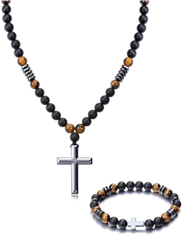 JSDDE Herren Perlenkette mit Armband Set Tigerauge Kette mit Kreuz Anhänger Natürliche Edelstein Heilsteine Kette Tigerauge Kreuz Armband Männer Kette Amulett Spirituelle Geschenk von JSDDE