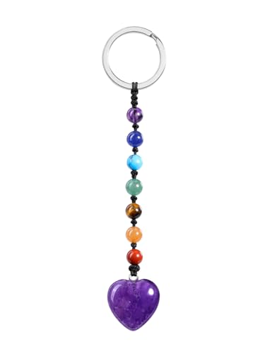 JSDDE Herz Schlüsselanhänger mit Chakra Perlen Edelsteine Schlüsselanhänger Heilung Reiki Spirituelle Taschenanhänger Glückbringer Keychain Geschenk für Liebhaber Freunde Freundinen (Amethyst) von JSDDE