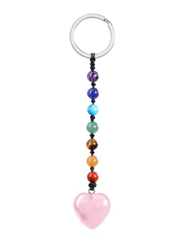 JSDDE Herz Schlüsselanhänger mit Chakra Perlen Edelsteine Schlüsselanhänger Heilung Reiki Spirituelle Taschenanhänger Glückbringer Keychain Geschenk für Liebhaber Freunde Freundinen (Rosenquarz) von JSDDE