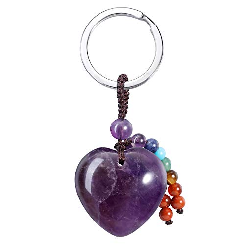 JSDDE Natur Edelstein Herz Schlüsselanhänger Chakra Anhänger Schlüsselring Taschenanhänger Yoga Energie Heilstein Glückbringer Keychain (Amethyst) von JSDDE