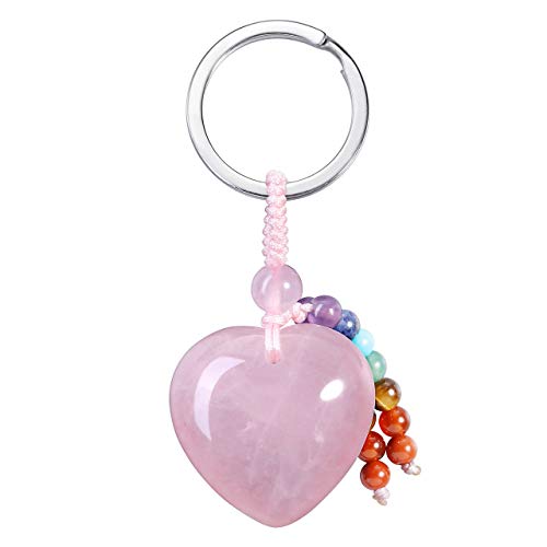 JSDDE Natur Edelstein Herz Schlüsselanhänger Chakra Anhänger Schlüsselring Taschenanhänger Yoga Energie Heilstein Glückbringer Keychain (Rosenquarz) von JSDDE