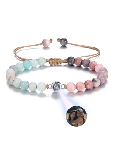 JSDDE Personalisiert Foto Armband mit Bild im Stein, Projektion Perlenarmband, Projektionsarmband mit Bild, Edelsteine Heilstein Armband Personalisierte Geschenk (Amazonit&Zebra Jaspis) von JSDDE