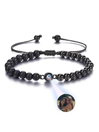 JSDDE Personalisiert Foto Armband mit Bild im Stein, Projektion Perlenarmband, Projektionsarmband mit Bild, Edelsteine Heilstein Armband Personalisierte Geschenk (Hämatit&Schwarz Achat) von JSDDE