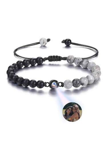 JSDDE Personalisiert Foto Armband mit Bild im Stein, Projektion Perlenarmband, Projektionsarmband mit Bild, Edelsteine Heilstein Armband Personalisierte Geschenk (Kartenstein&Schwarz Achat) von JSDDE