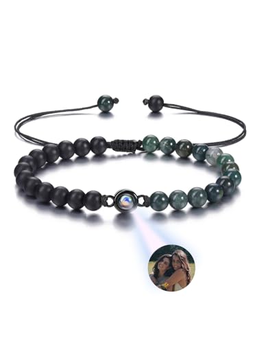 JSDDE Personalisiert Foto Armband mit Bild im Stein, Projektion Perlenarmband, Projektionsarmband mit Bild, Edelsteine Heilstein Armband Personalisierte Geschenk (Moss Achat&Schwarz Achat) von JSDDE