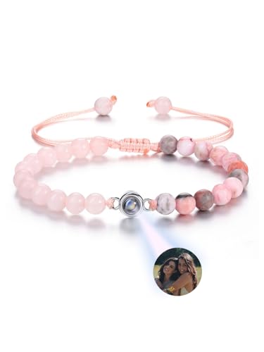 JSDDE Personalisiert Foto Armband mit Bild im Stein, Projektion Perlenarmband, Projektionsarmband mit Bild, Edelsteine Heilstein Armband Personalisierte Geschenk (Rosenquarz&Zebra Jaspis) von JSDDE