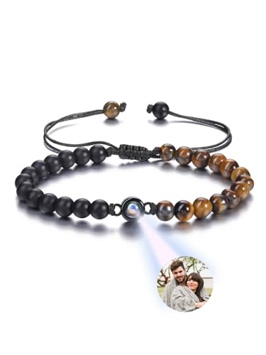 JSDDE Personalisiert Foto Armband mit Bild im Stein, Projektion Perlenarmband, Projektionsarmband mit Bild, Edelsteine Heilstein Armband Personalisierte Geschenk (Tigerauge&Schwarz Achat) von JSDDE