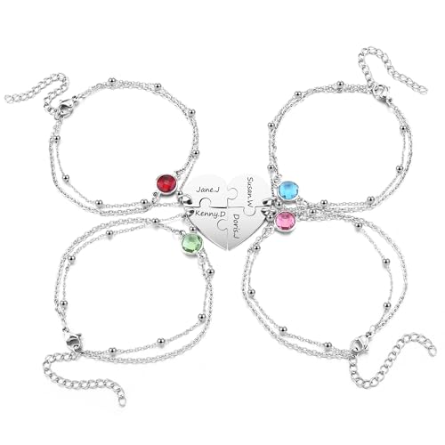 JSDDE Personalisiert Kette für 4 BFF Armbänder mit Herz Puzzle Anhänger Freundschaftsarmbänder Partnerarmbänder Armband mit Gravur Geschenke für Schwester Partner Freundin von JSDDE