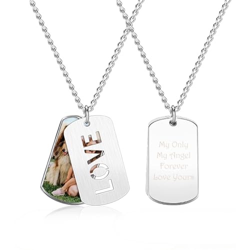 JSDDE Personalisiert Kette mit Foto und Text Gravur, Personalisiert LOVE ID Tag Anhänger Halskette mit bild, Personalisierte Geschenke für Freundin Partner Eltern Liebhaber von JSDDE