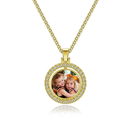 JSDDE Personalisiert Kette mit Fotogravur Runde Anhänger Halskette mit Bild Gravur Dog Tag Anhänger Halskette Schmuck für Damen Herren (Gold) von JSDDE