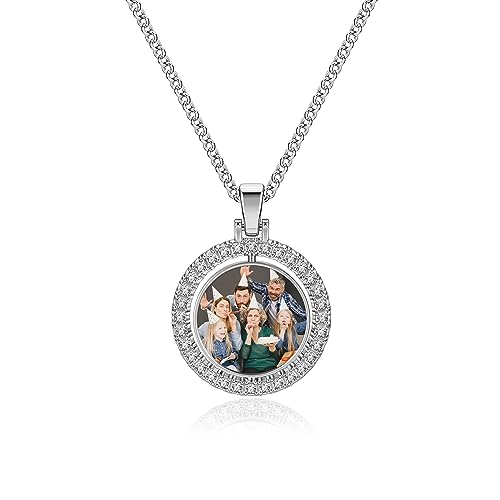 JSDDE Personalisiert Kette mit Fotogravur Runde Anhänger Halskette mit Bild Gravur Dog Tag Anhänger Halskette Schmuck für Damen Herren (Silber) von JSDDE