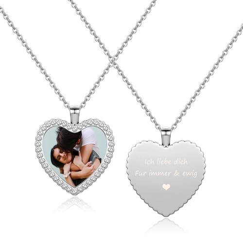 JSDDE Personalisiert Kette mit Fotogravur und Textgravur Herz Anhänger Kette mit Bild Wunschgravur Kette Schmuck für Damen Herren von JSDDE