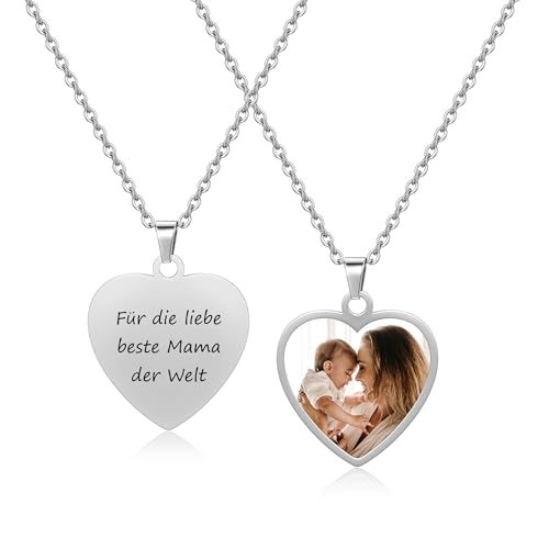 JSDDE Personalisiert Kette mit Fotogravur und Textgravur Kette mit Bild Wunschgravur Herz Anhänger Halskette Schmuck für Damen Herren von JSDDE