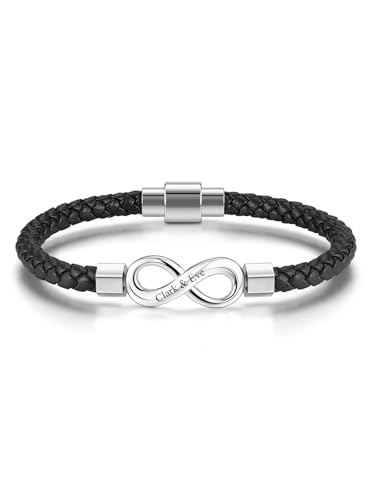 JSDDE Personalisiert Lederarmbänder Leder Armband mit Gravur Infinity Unendlichkeit Symbol Armreif mit Edelstahl Magnetverschluss Partnerarmbänder Schmuck für Damen Herren (Silber) von JSDDE