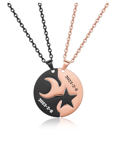 JSDDE Personalisiert Partnerketten mit Textgravur, Mond und Stern Puzzle Anhänger Halskette, Pärchen Kette, Freundschaftskette, Schmuck für Damen Herren (Schwarz&Rosegold) von JSDDE