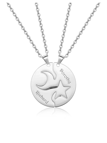 JSDDE Personalisiert Partnerketten mit Textgravur, Mond und Stern Puzzle Anhänger Halskette, Pärchen Kette, Freundschaftskette, Schmuck für Damen Herren (Silber) von JSDDE