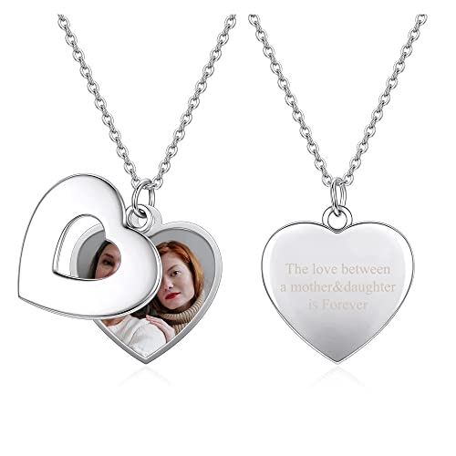 JSDDE Personalisiert Text & Fotogravur Anhänger Halskette Herzform Anhänger Bildgravur Memorial Anhänger Fotoketten Geschenk für Damen Frauen (Herz) von JSDDE