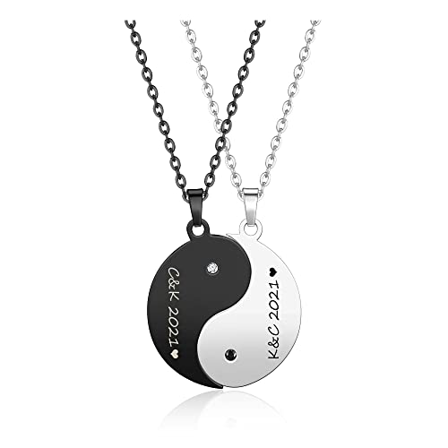 JSDDE Personalisierte Edelstahl Yin Yang Kette mit Gravur Tai Chi Anhänger Halskette Paar Kette Pärchen Puzzle Anhänger Freundschaft Schmuck für Herren Damen (Schwarz&Silber) von JSDDE