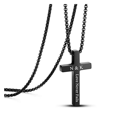 JSDDE Personalisierte Gravur Kreuz Anhänger Halskette Textgravur Kreuz Kette Partner-Ketten Freundschaftskette Pärchen Kette Schmuck für Paare Damen Herren (Schwarz) von JSDDE