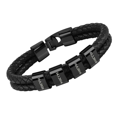 JSDDE Personalisierte Herren Armband mit Gravur, Schwarz geflochten Lederarmband, Männer Armband, Namensarmbänder ID Armreif Geschenke für Männer Papa Familie Damen (Schwarz-4 Namensperlen) von JSDDE