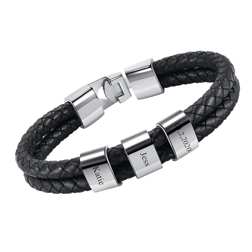 JSDDE Personalisierte Herren Armband mit Gravur, Schwarz geflochten Lederarmband, Männer Armband, Namensarmbänder ID Armreif Geschenke für Männer Papa Familie Damen (Silber-3 Namensperlen) von JSDDE