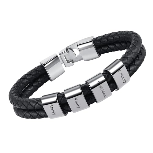 JSDDE Personalisierte Herren Armband mit Gravur, Schwarz geflochten Lederarmband, Männer Armband, Namensarmbänder ID Armreif Geschenke für Männer Papa Familie Damen (Silber-4 Namensperlen) von JSDDE