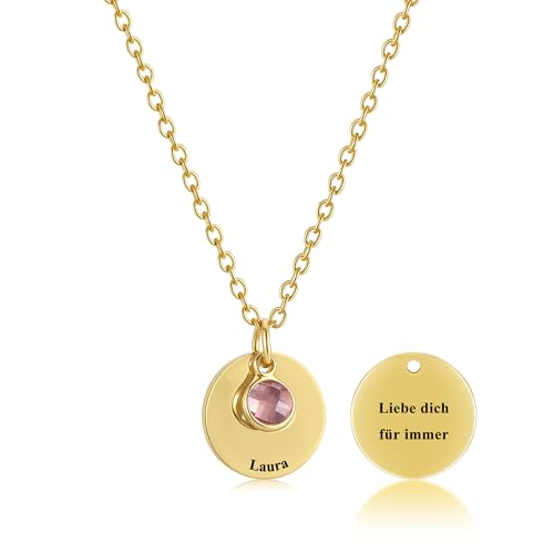 JSDDE Personalisierte Namenskette mit Text Gravur und Geburtsstein Damen Frauen Kette Personalisiertes Geschenk für Geburtstag Muttertag Weihnachten (Gold) von JSDDE