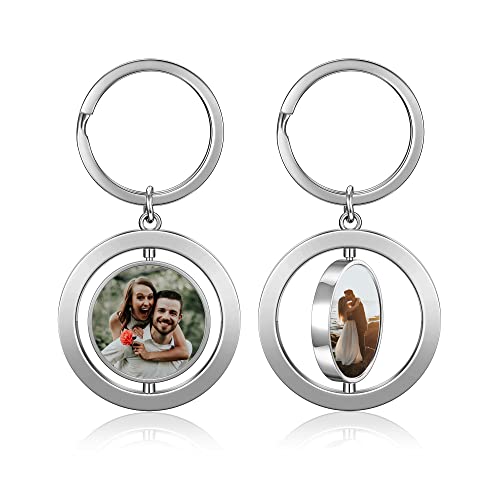 JSDDE Personalisierte Schlüsselanhänger mit Foto Gravur Erkennungsmarke ID Tag Schlüsselanhänger Drehbar Anhänger Charms Keychain Geschenk Idee zum Jubiläum Geburtstag Valentinstag (Rund) von JSDDE