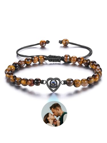 JSDDE Personalisiertes Armband Mit Foto - 100 Sprachen Ich Liebe Dich Herz Projektion Fotoarmband - Personalisierte Geschenk für Damen Herren Männer (Tigerauge) von JSDDE